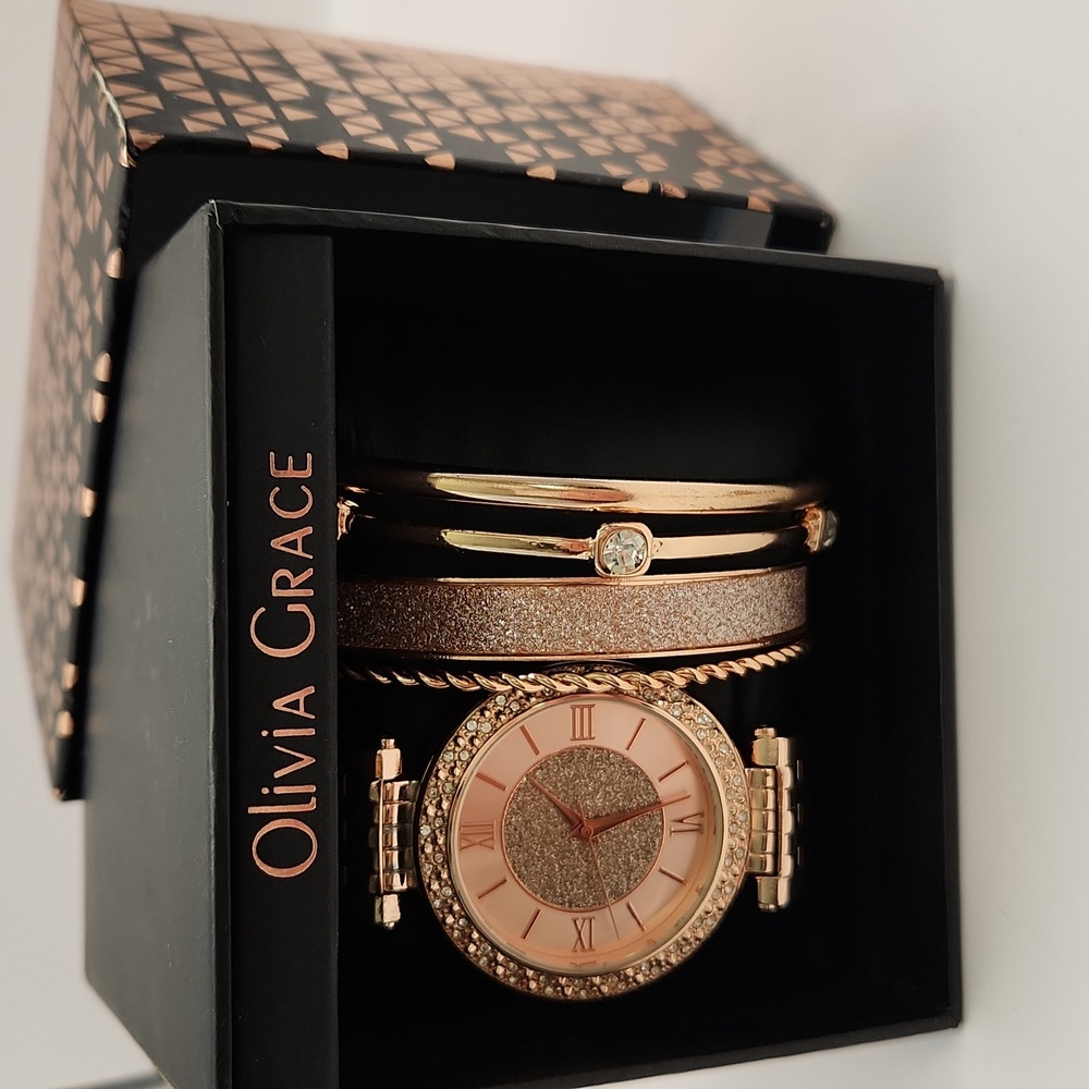 Olivia Grace Rose Gold Tone Watch & Four Bangle Set With Gift Box